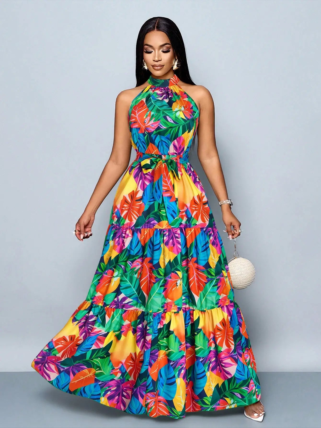 Women's Halter Neck Floral Print Tiered Maxi Dress With Belt Flowy Vacation Dress