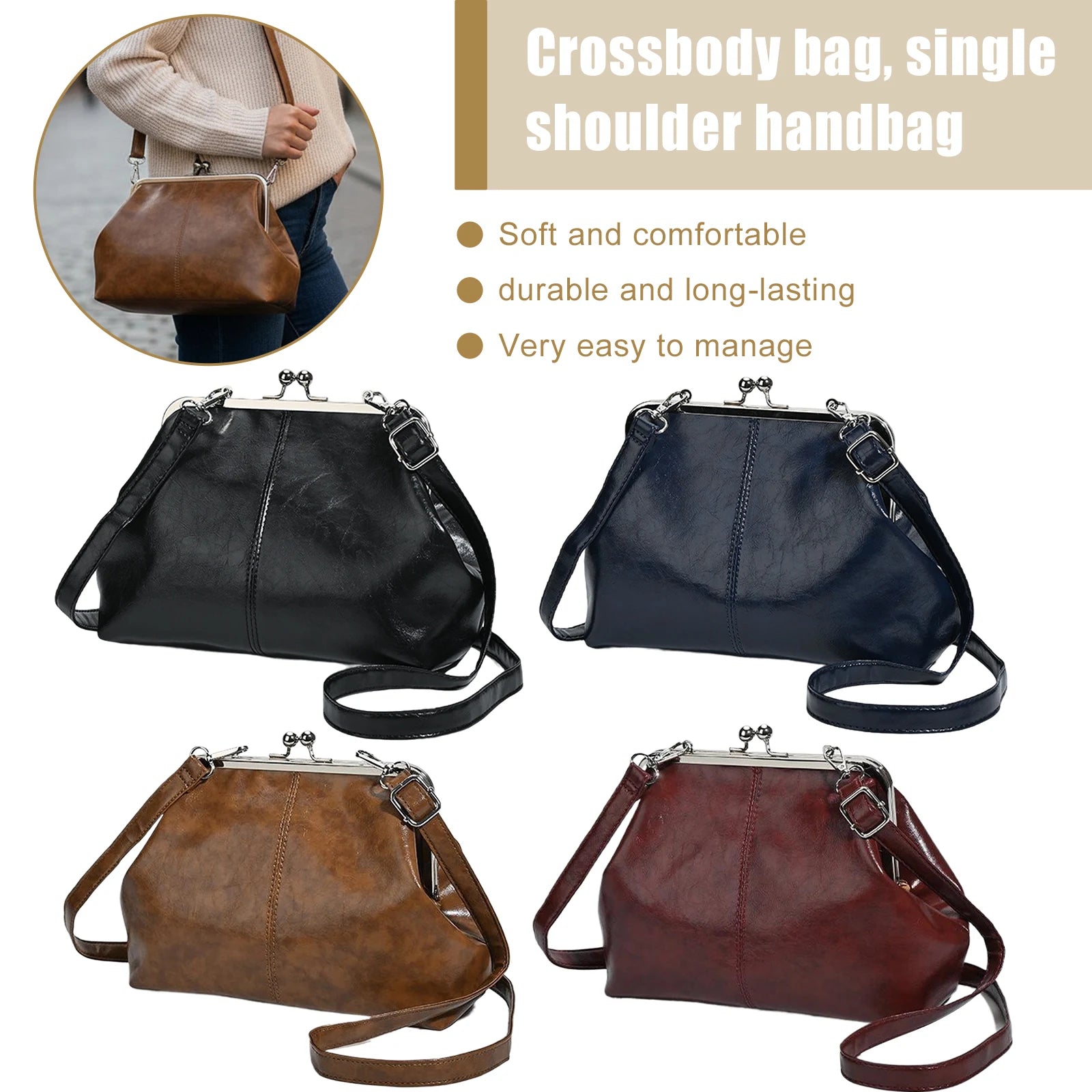Leather Solid Color Shoulder Bag with Adjustable Strap Elegant Kiss Lock Shoulder Bag