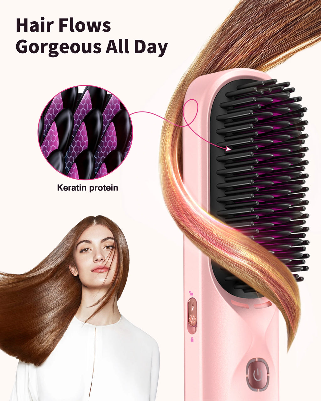 Cordless Hair Straightener Comb Brush 5S Fast Heating - 300M Negative Ions for Frizz-Free