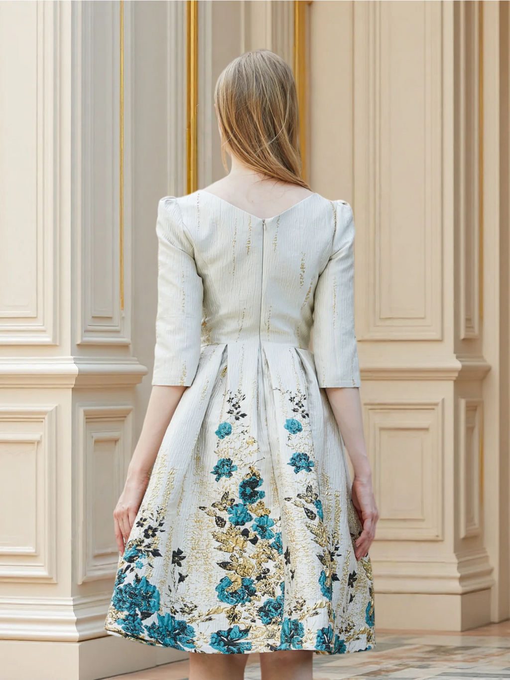 Luxury Embroidered Jacquard Dress with Fitted Waist and Flared Midi Hem Dates or Tea Parties