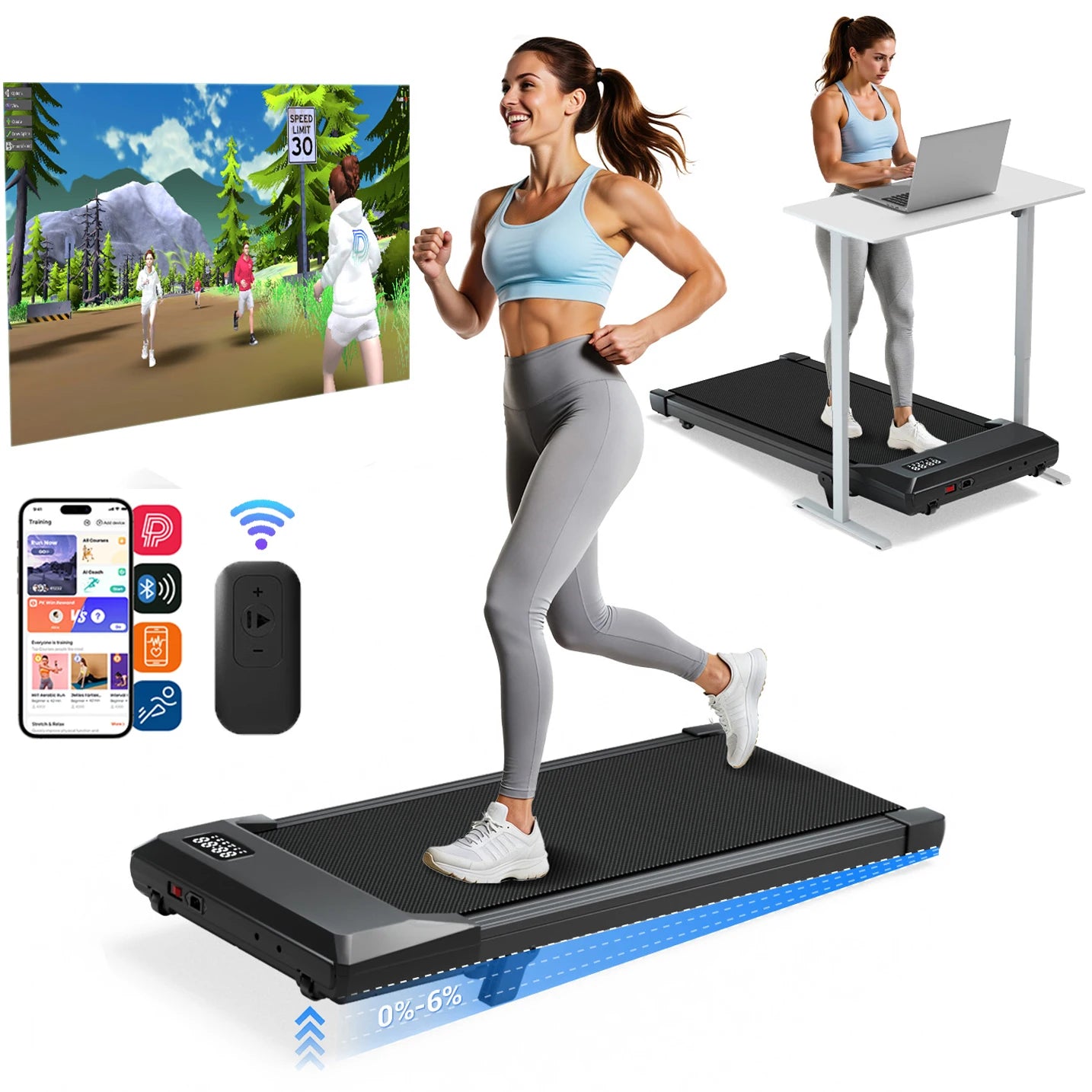 Foldable 6% Slope Under Desk Treadmills 2.5 HP Quiet Portable Remote Control LED Display 300LBS