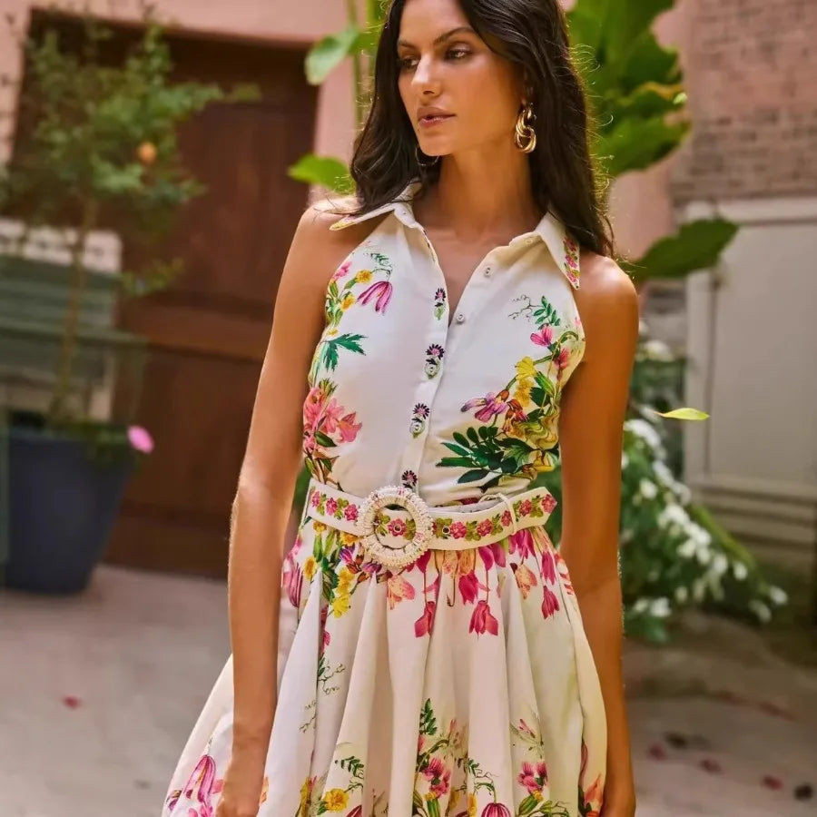 Europe and America -Hawaii fashion summer vacation print sexy sleeveless cardigan flower women's shirt dress