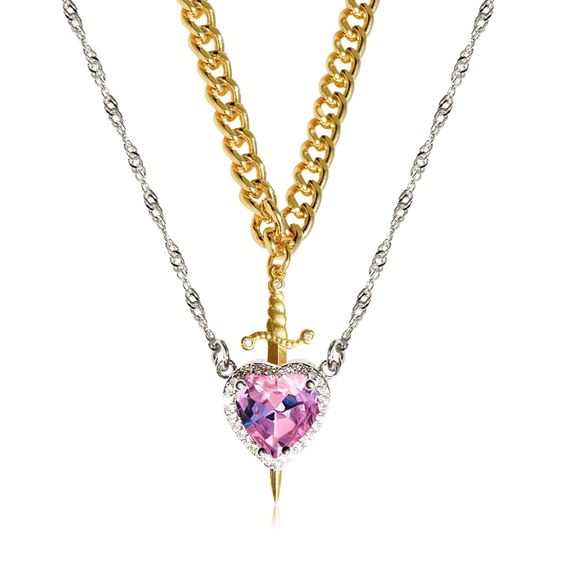 Heart and Sword Zircon Pendant Necklace for Women Men Couple Silver Gold Plated Choker Chain Jewelry