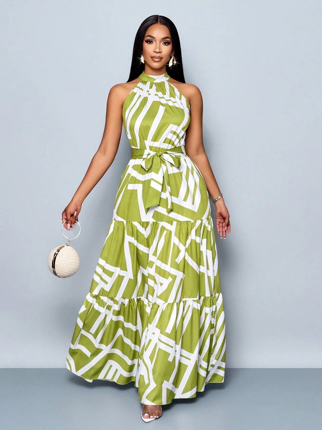 Women's Halter Neck Floral Print Tiered Maxi Dress With Belt Flowy Vacation Dress