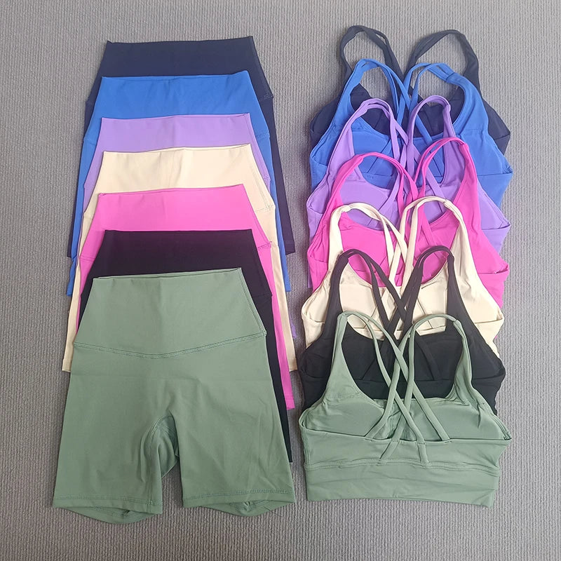 2-Piece Yoga Set Tights Shorts For Woman Cross Back Bra Top + High Waist Shorts Fitness Running Workout Tracksuit
