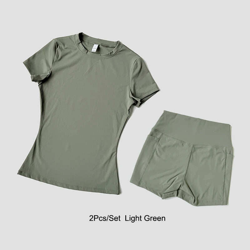 Women's Sports Yoga Set Seamless Knitted Fitness Gym Clothes Sportswear Short Sleeve Crop Top