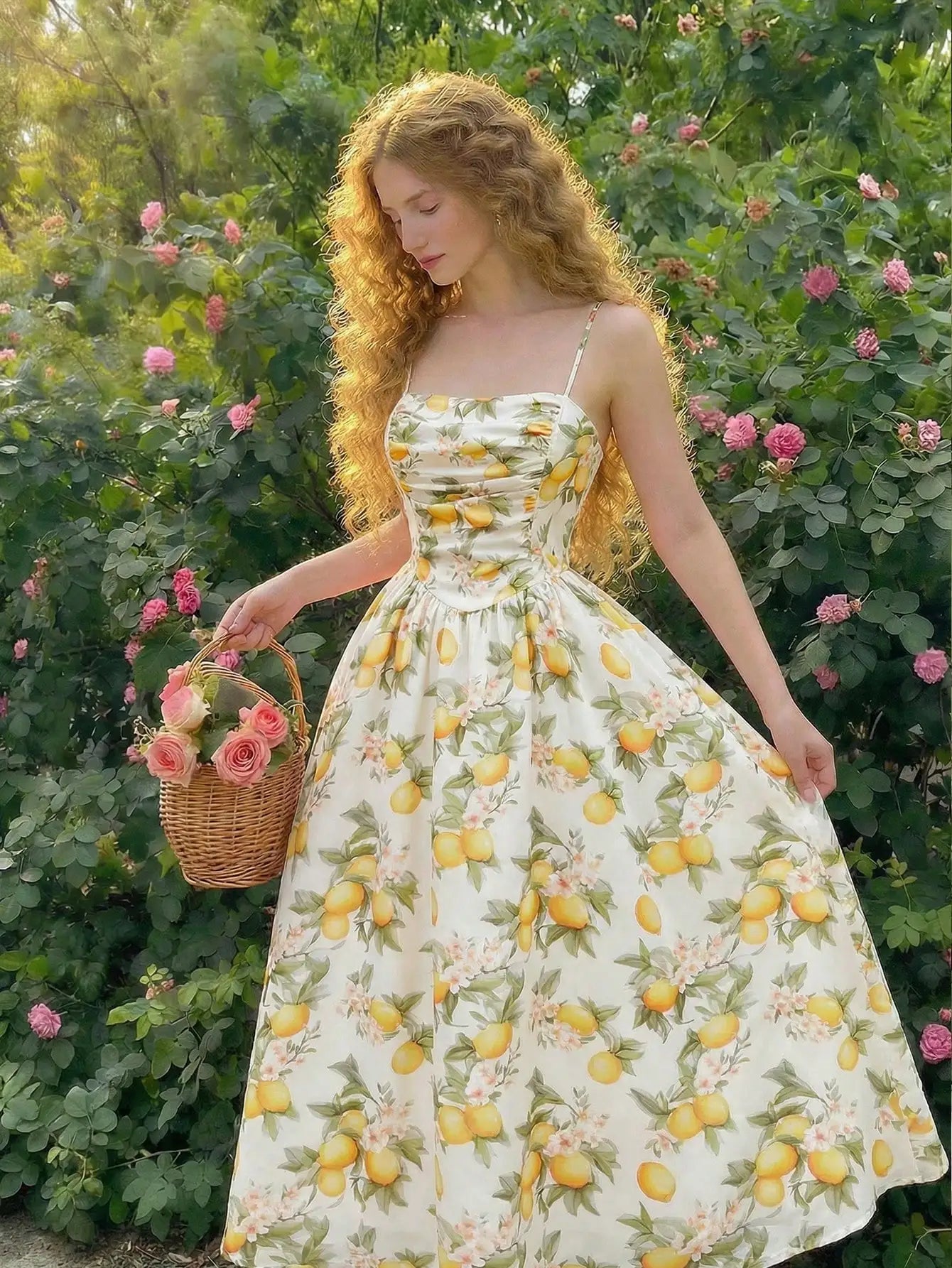 Elegant Floral Print Pleated Midi Slip Dress For Women Spring Summer