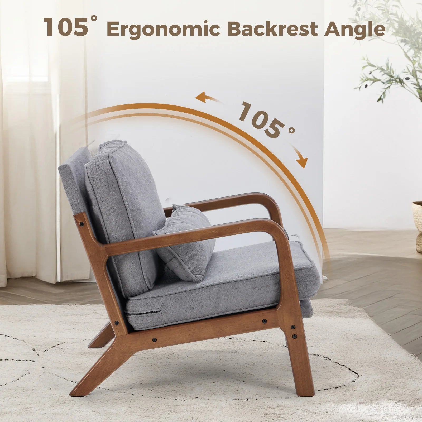 JHK Mid Century Modern Chair Solid Wooden Frame Accent Chair with Arms and Waist Cushion Reading Chairs
