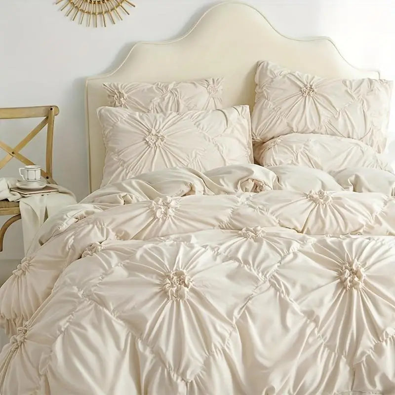 3pcs Bohemian Rhomboid Plaid Stereoscopic Flower Plain Colour Quilt Cover Set(1 Duvet Cover +2 Pillowcase