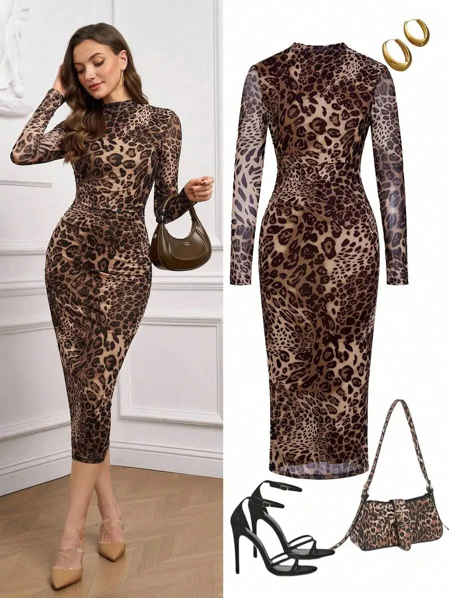 Women's Asymmetrical Ruched Mesh Knit Midi Dress with Gradient Print