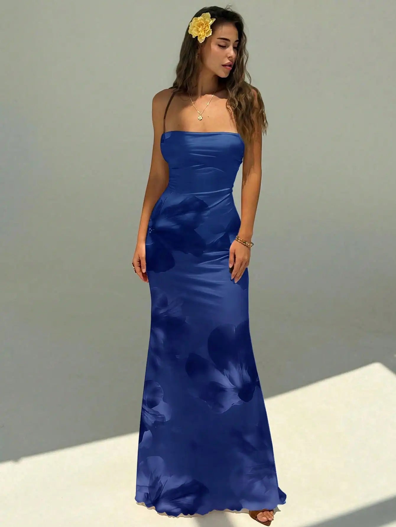 Womens Backless Strappy Maxi Dress With Floral Ombre Tie-Dye Print For Summer Beach Festival