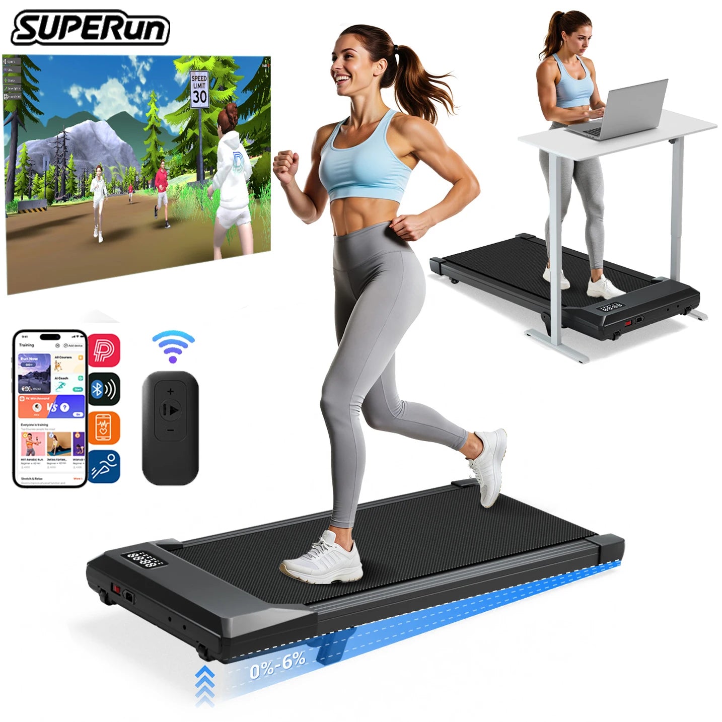 Foldable 6% Slope Under Desk Treadmills 2.5 HP Quiet Portable Remote Control LED Display 300LBS