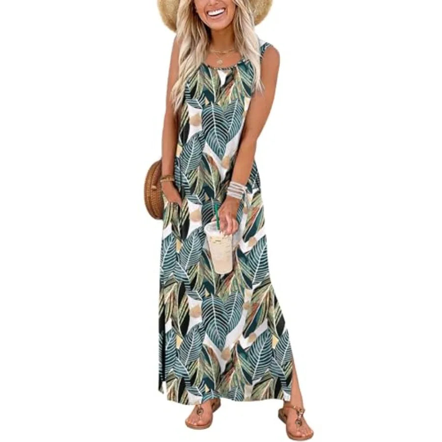 Maxi Dress Summer Dresses 2026 Beach Vacation Clothes Sleeveless Sundresses with Pockets Boho