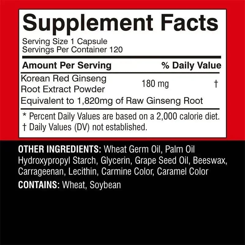 Korean Red Ginseng Supplement - Boosts Energy Production, Relieves Stress - 120pcs