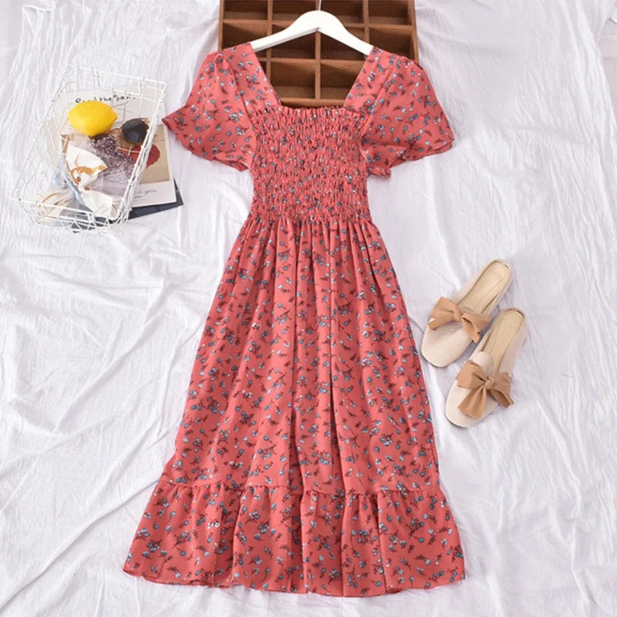 retro square collar floral waist slimming flounce splicing dress