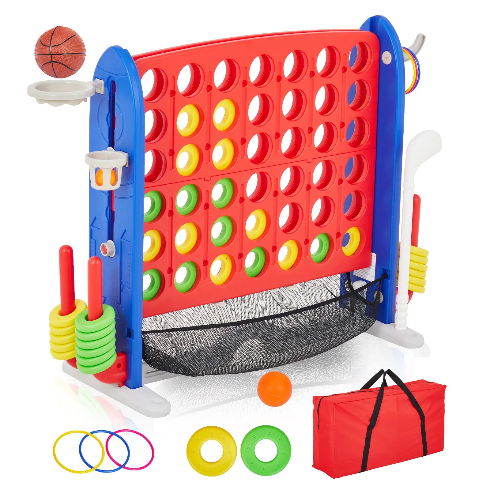 4-in-1 Giant Connect Game Set Adjustable Height, Basketball Hoop, Ring Toss and Net Jumbo Outdoor