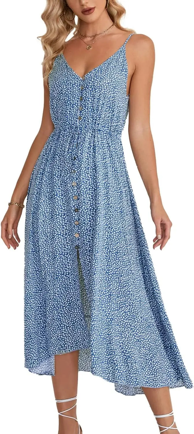 Boho SundrPolka Dot Spaghetti Strap V Neck Flowy Midi Dresses