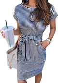 Casual T Shirt DrShort Sleeve Striped Tie Waist Work Vacation Trendy Short Dresses
