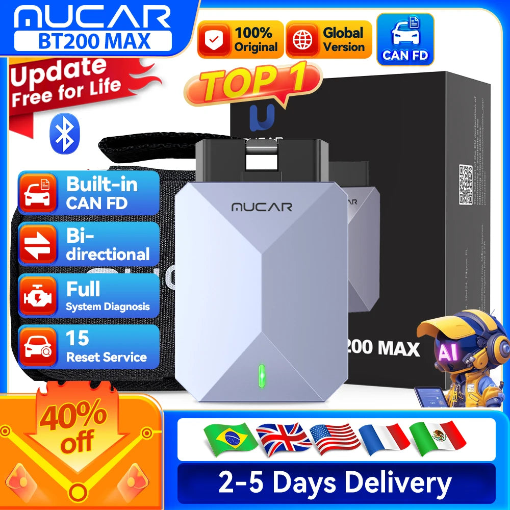 Lifetime Free Update MUCAR BT200 Max OBD2 Scanner CAN FD Bi-Directional Control All System Diagnostic Tool 15 Reset for All Cars