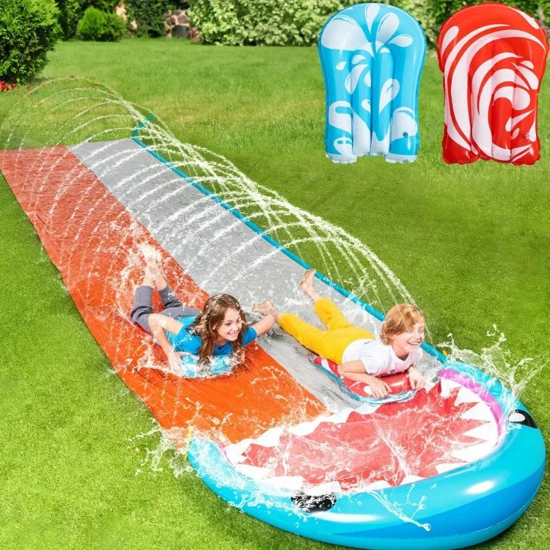 Water Slides with 2 Inflatable Boards 22.5ft Double Lane Splash Slip Lawn Water Slide Toy for Kids Adults Party