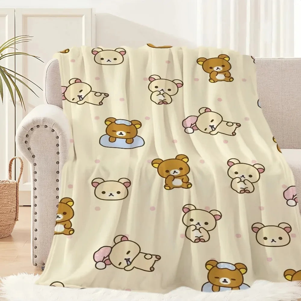 1PC Cute Rilakkuma Bear Blanket – Plush Warm Throw for Sofa Bedroom Office Travel
