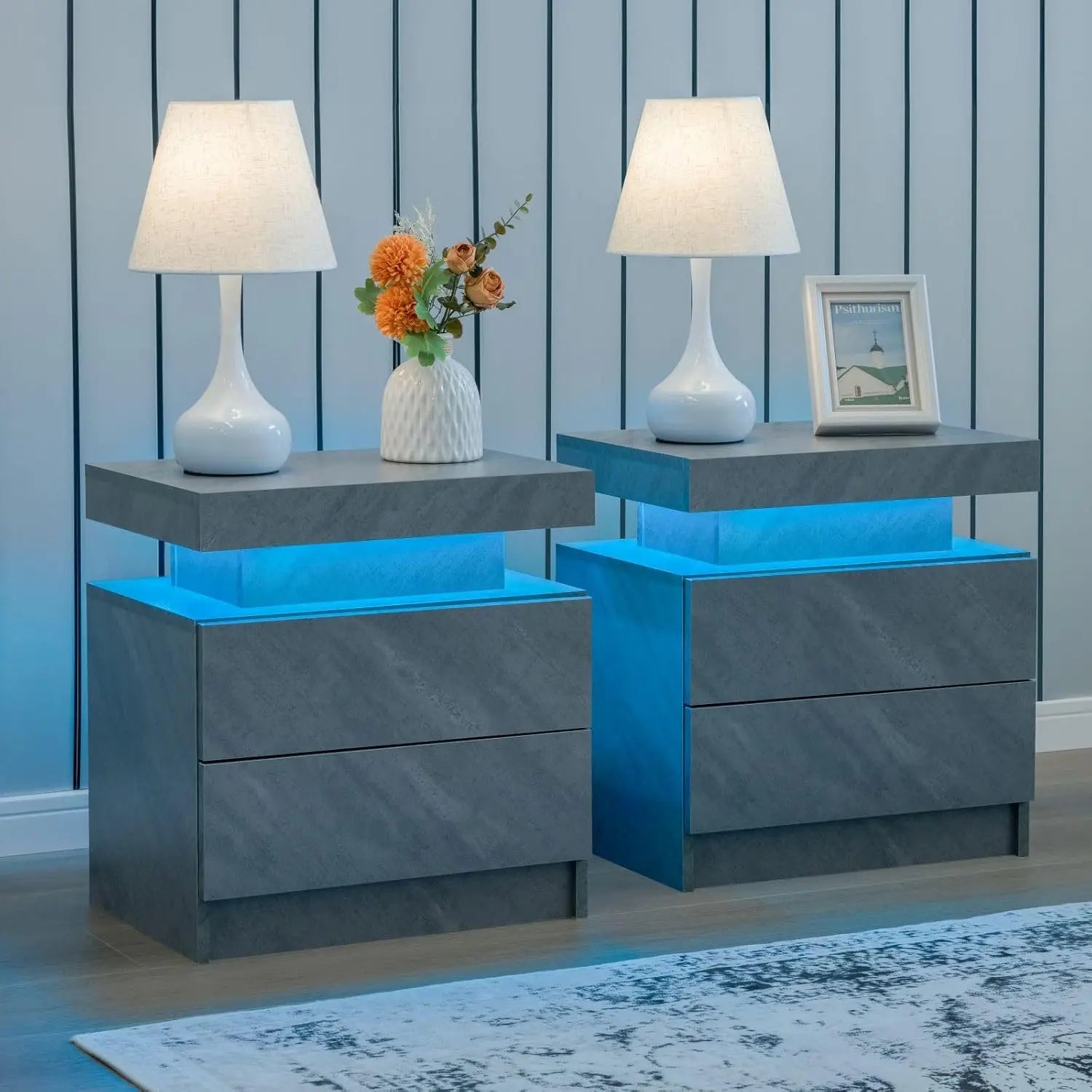 Nightstand Set of 2 LED Nightstand with 2 Drawers,Night Stand Set 2 with LED Light