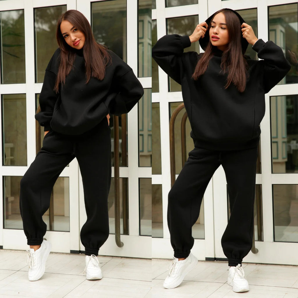 Women Fleece Two Piece Sets Elegant Solid Color Oversized Warm Hoodies and Long Pant