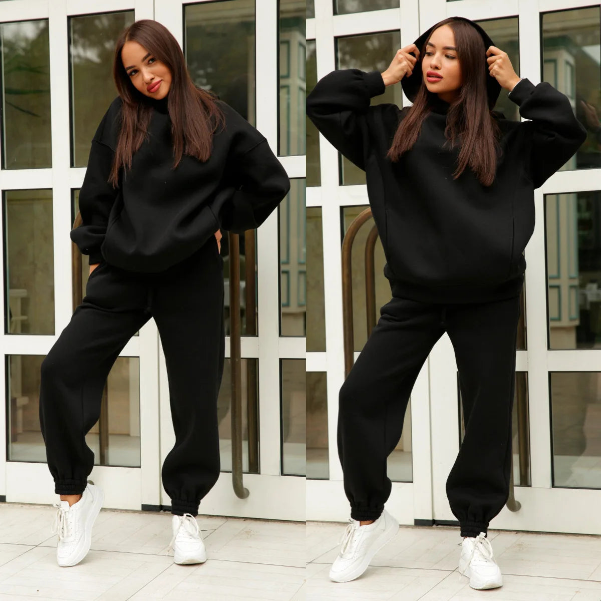 Women Fleece Two Piece Sets Elegant Solid Color Oversized Warm Hoodies and Long Pant