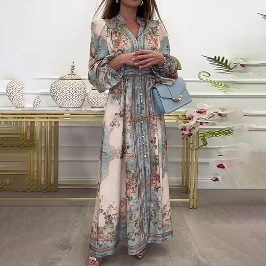 European and American women's clothing spring new style retro court V-neck long-sleeved printed large dress