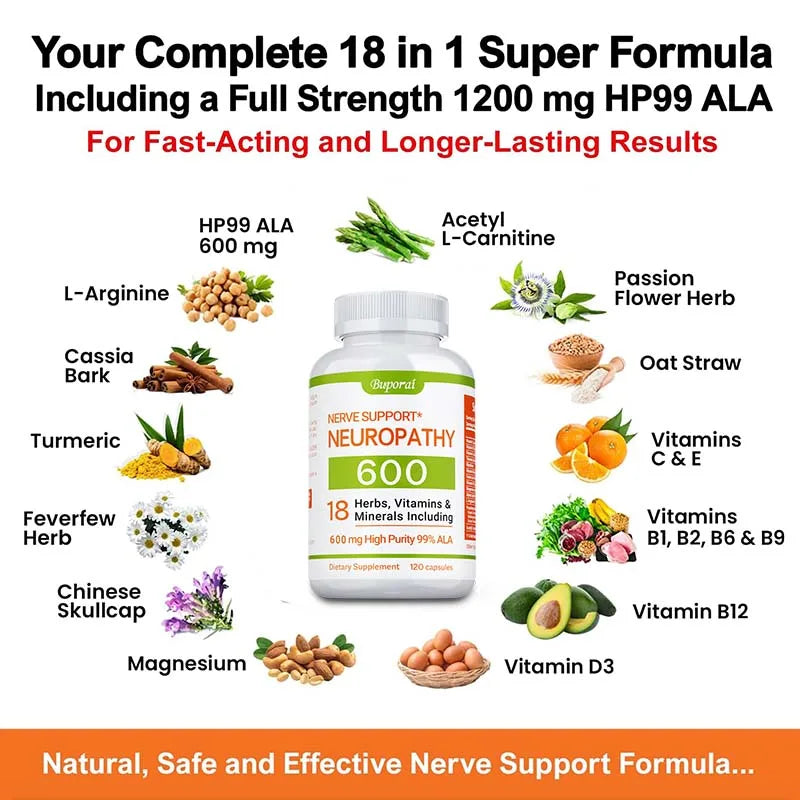 Neuropathy Support Supplement 600mg - Supports The Nervous System, Relieves Stress, Promotes Brain Function