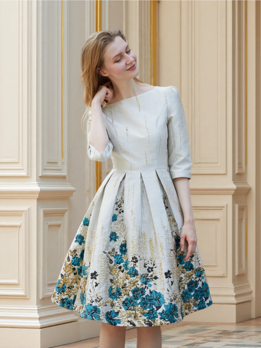 Luxury Embroidered Jacquard Dress with Fitted Waist and Flared Midi Hem Dates or Tea Parties