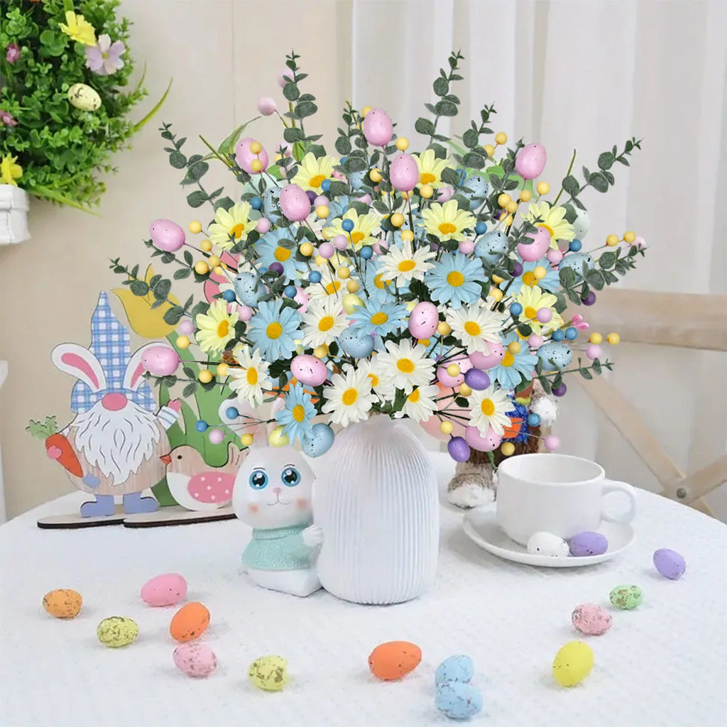 Pastel Easter Artificial Flower Bouquet - Plastic Faux Floral Arrangement with Eggs and Berries