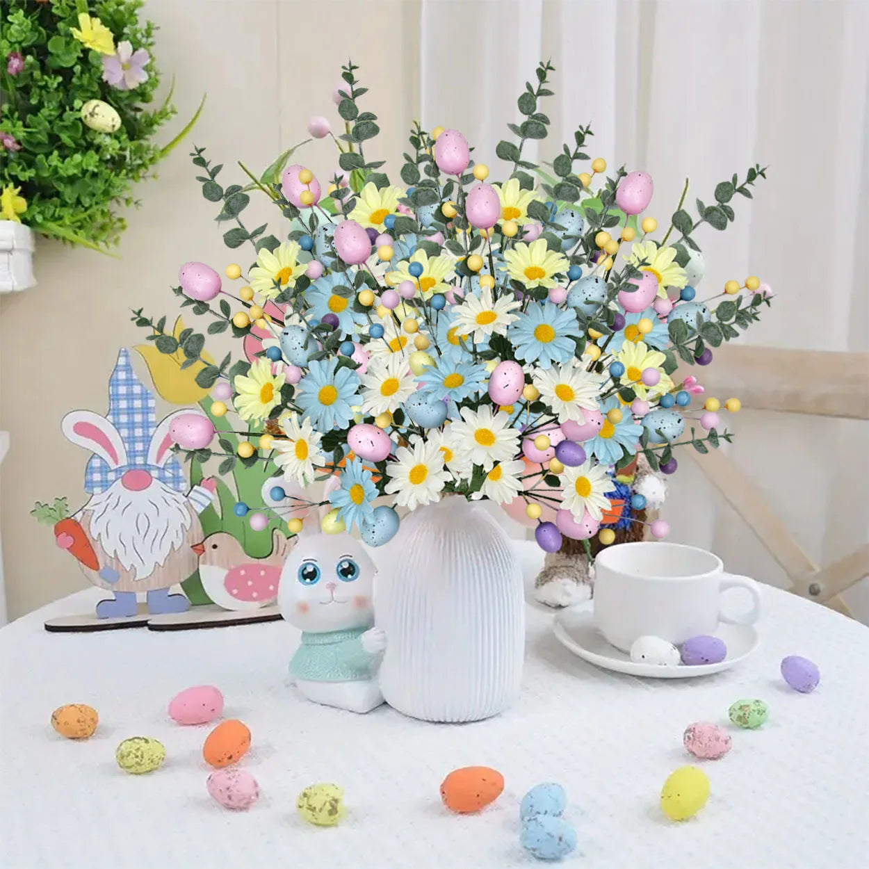 Pastel Easter Artificial Flower Bouquet - Plastic Faux Floral Arrangement with Eggs and Berries