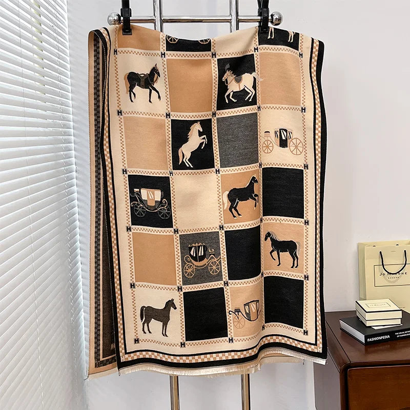 Poncho Cashmere Winter Women Scarf Horse Print Shawl Wrap