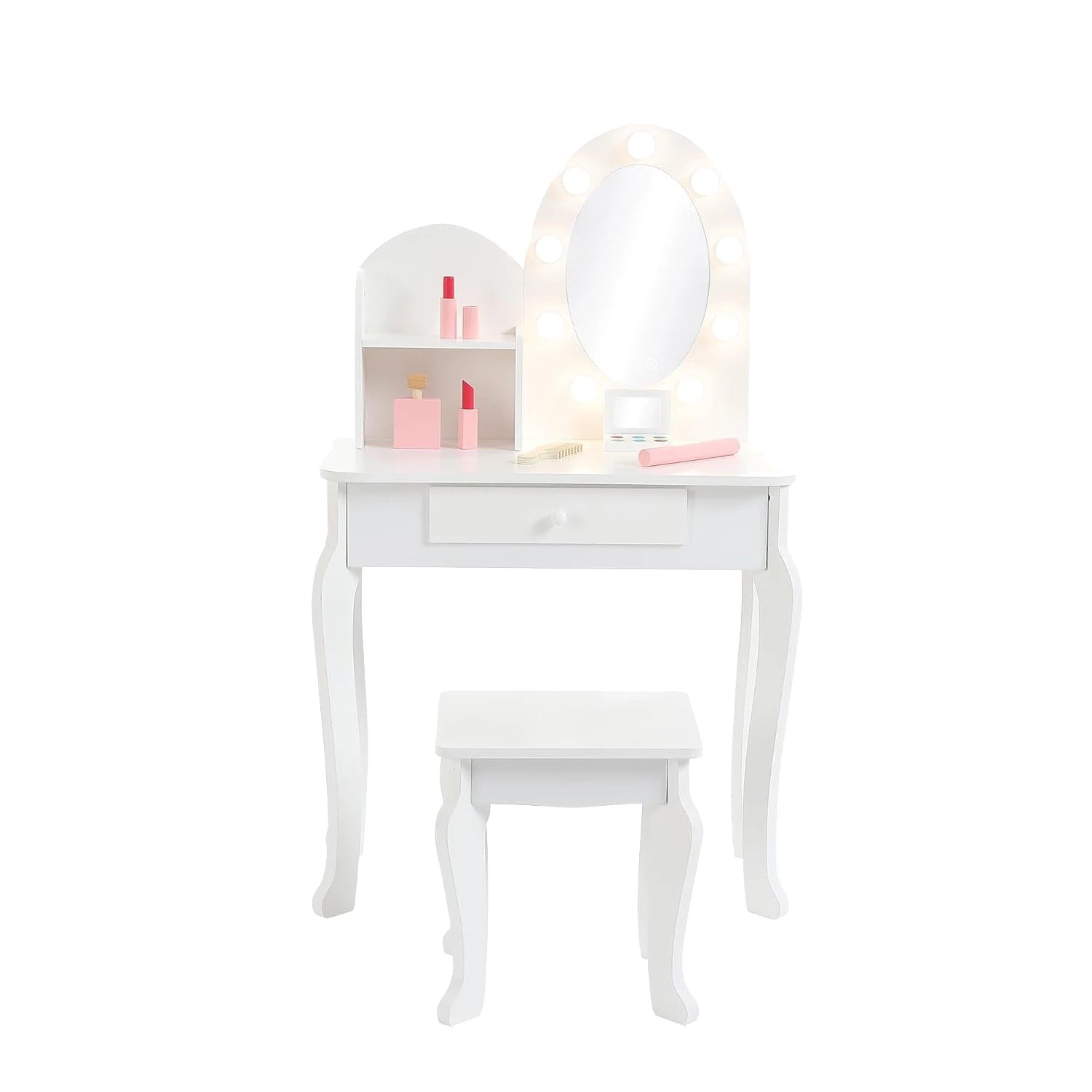 Kids Vanity Set with Lighted Mirror and Stool, Wooden Makeup Table