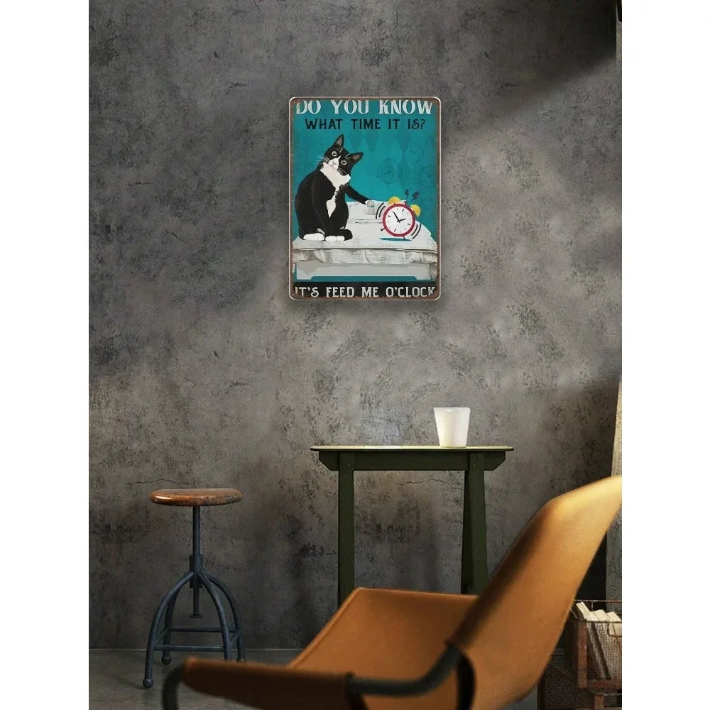 1pc Funny Cat Quote Metal Decor: 8x12 Inch Vintage! "Feed Me O'clock" Tuxedo Poster For Home Wall Art | Local Delivery