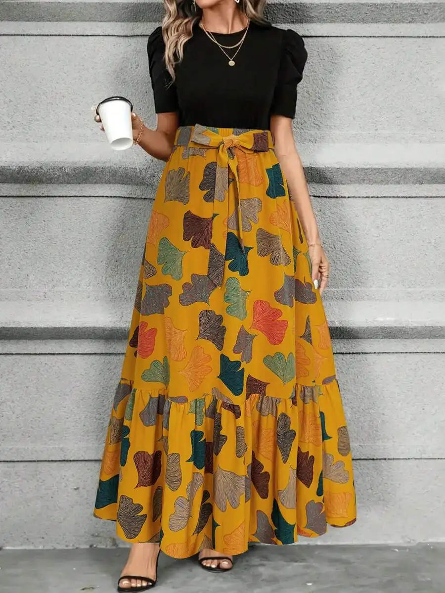 Elegant A-Line Dress with Puff Sleeves, Bow Waist, Leaf Print, Round Neck, Lightweight for Spring Summer