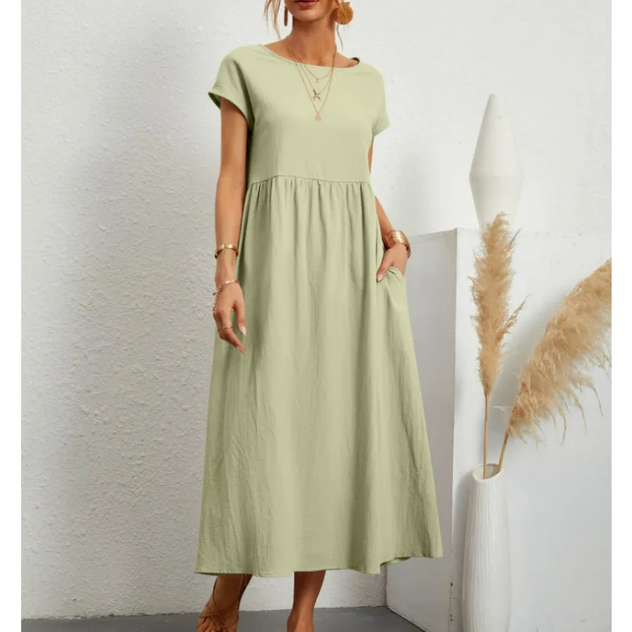 solid color sleeveless loose linen pocket women's dress in stock