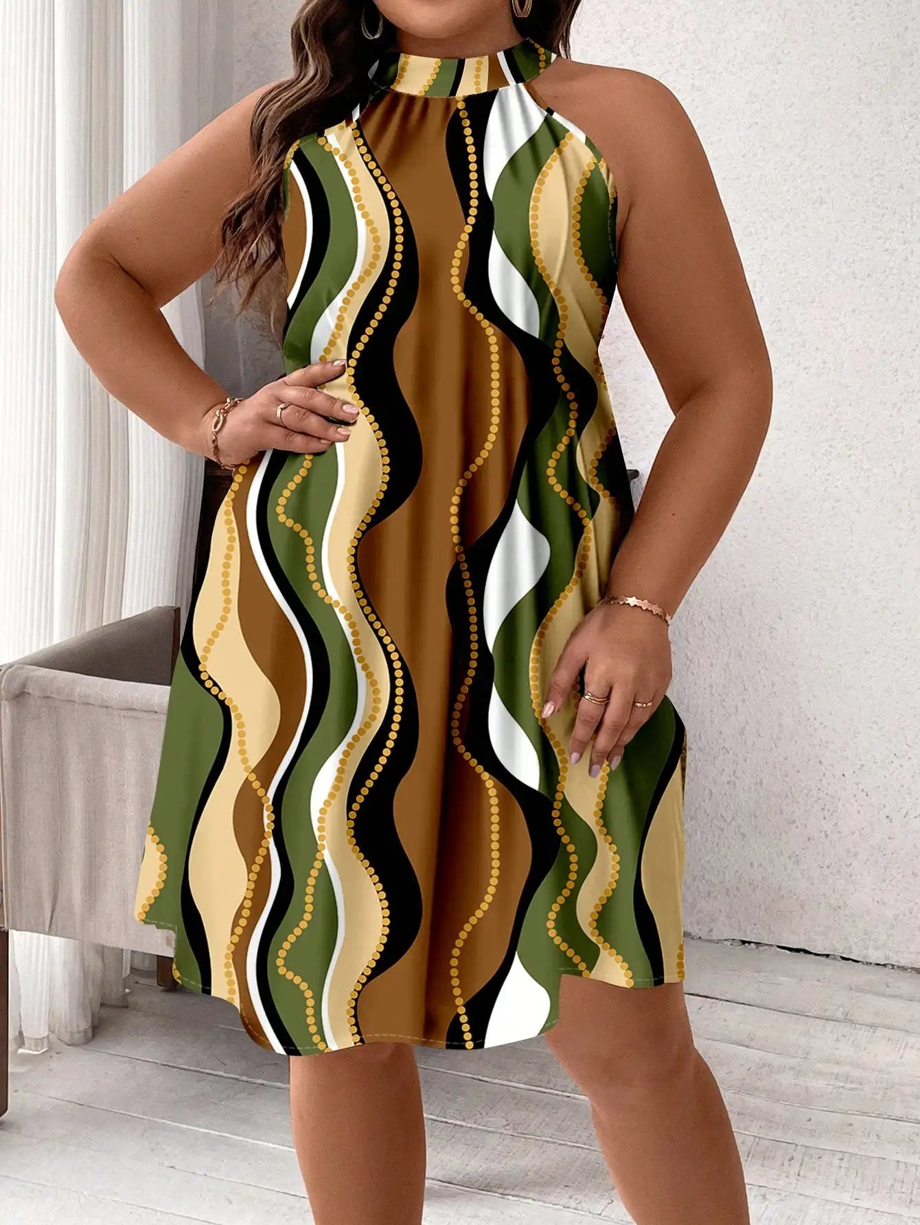 Plus Size Red Tropical Floral Print Halter Neck A-Line Dress For Summer