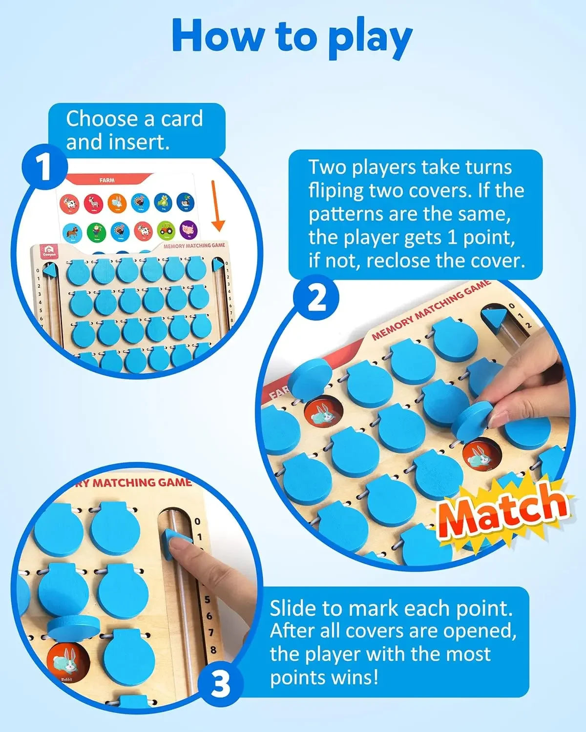Memory Matching Game, Wooden Travel Board Game with Cards, Montessori Educational Toy for Toddlers Ages 3-5