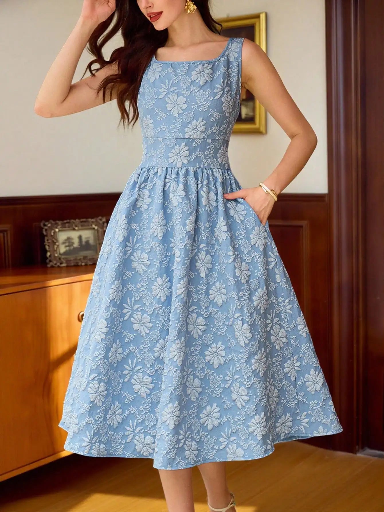 Light Blue Floral Textured Sleeveless Square Neck A-Line Midi Dress With Pockets