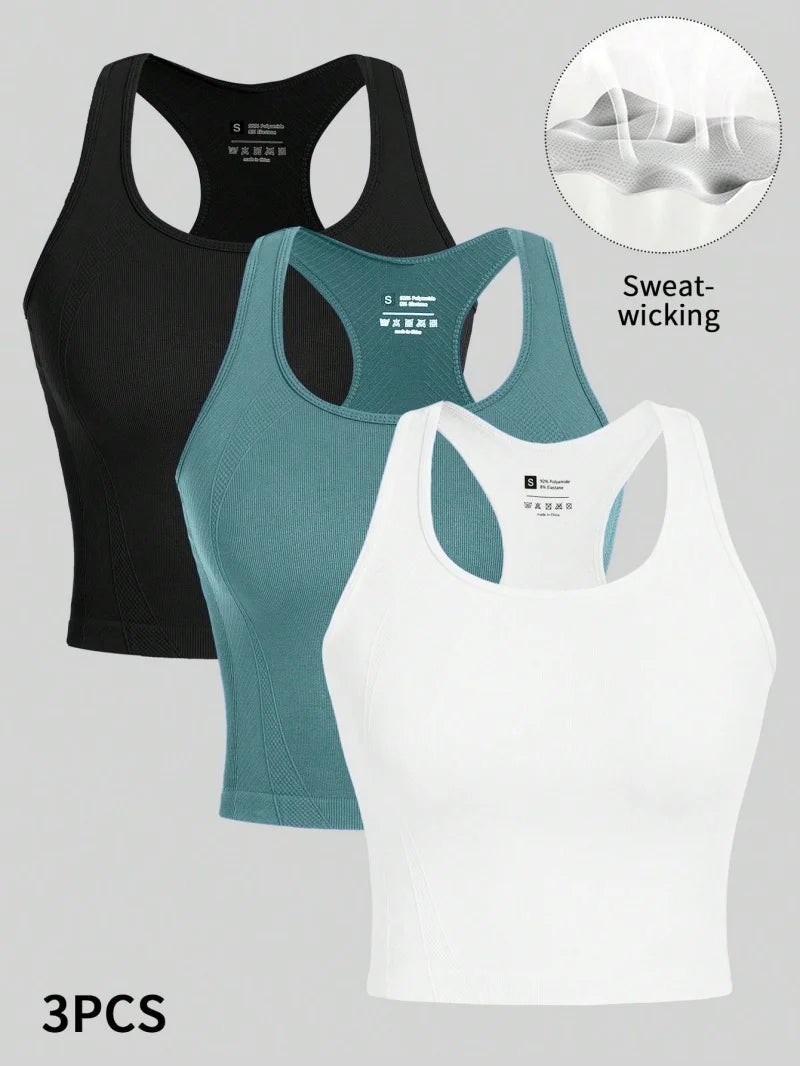 3 Piece Yoga Vest Women Gym Sports Racerback Crop Tops Seamless