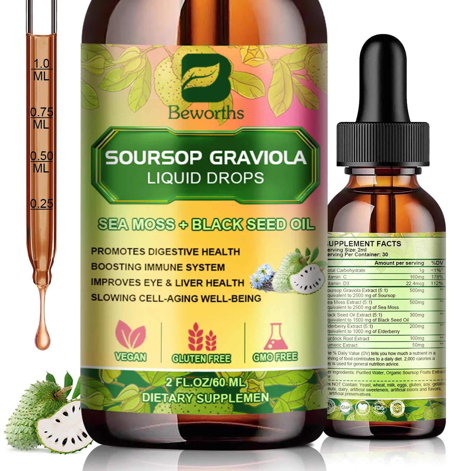 Soursop Graviola Extract Drops Support Immunity and Kidney Health, Detox and Antioxidation Gluten-Free