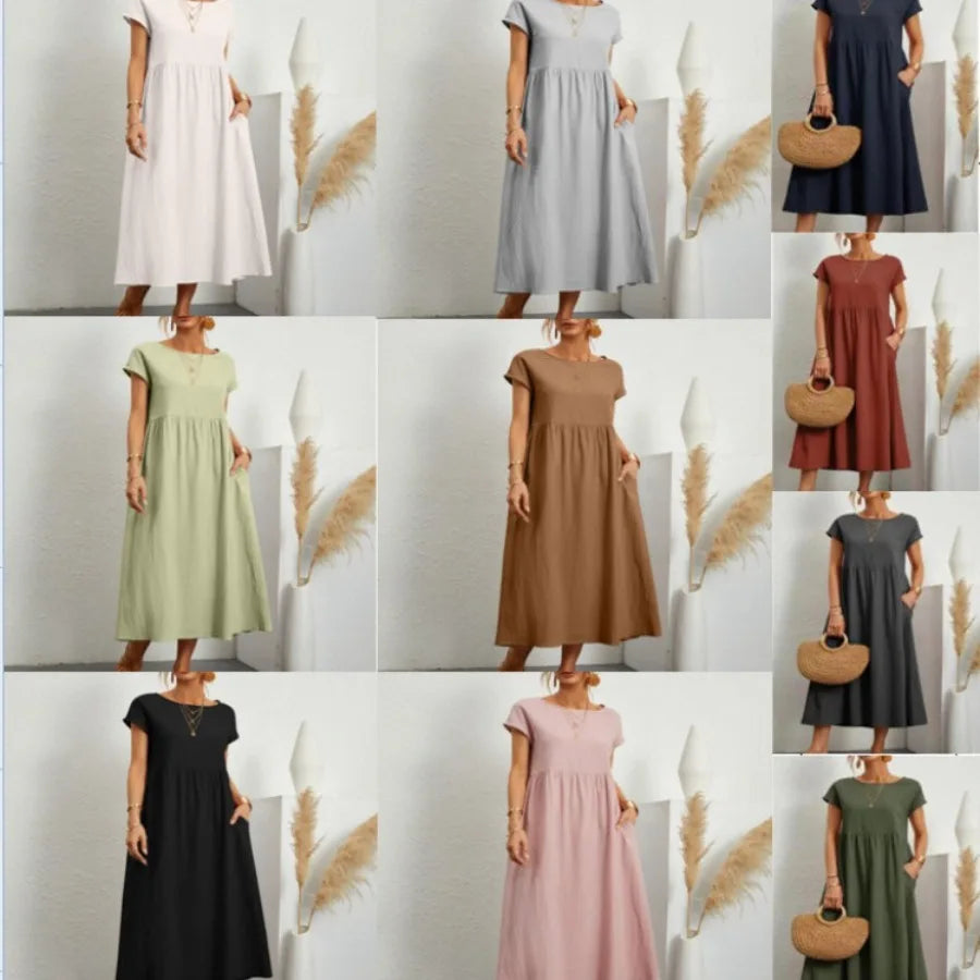 solid color sleeveless loose linen pocket women's dress in stock