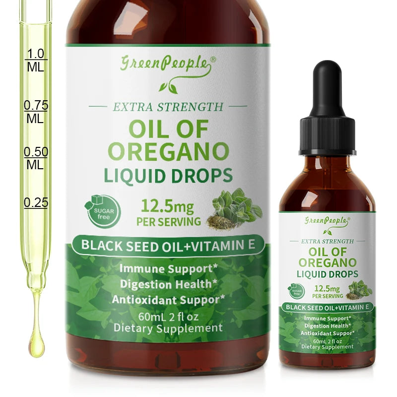 Organic Oregano Oil Drops with Black Seed Oil & Vitamin E Immune, Respiratory,Digestive Support Vegan,Sugar-Free,Non-GMO