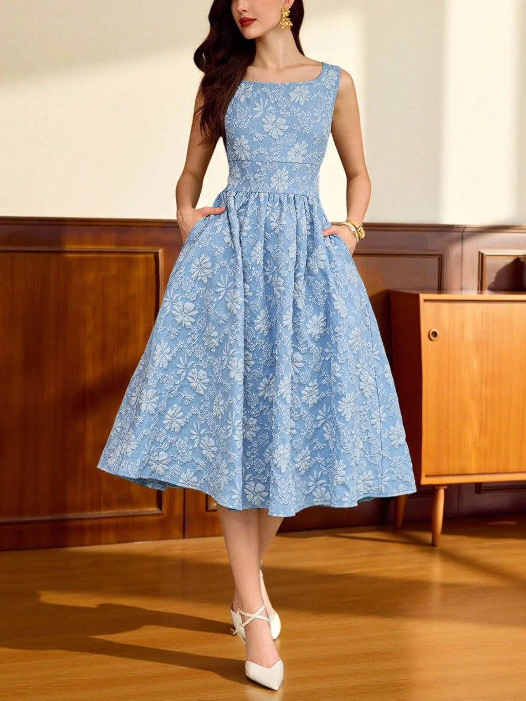 Light Blue Floral Textured Sleeveless Square Neck A-Line Midi Dress With Pockets