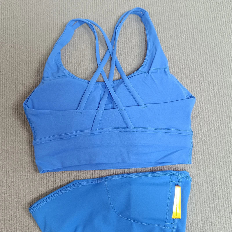 2-Piece Yoga Set Tights Shorts For Woman Cross Back Bra Top + High Waist Shorts Fitness Running Workout Tracksuit