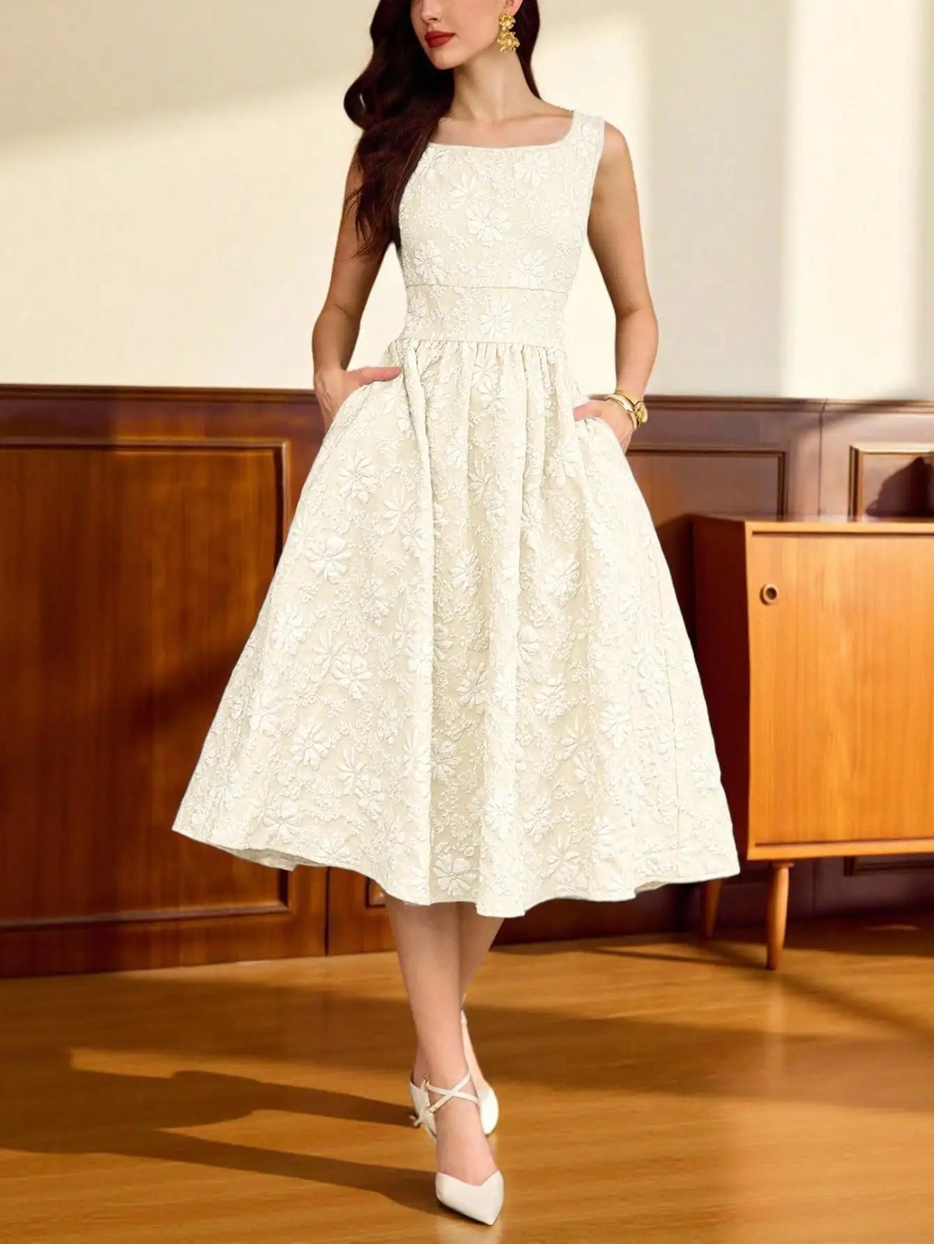 Light Blue Floral Textured Sleeveless Square Neck A-Line Midi Dress With Pockets