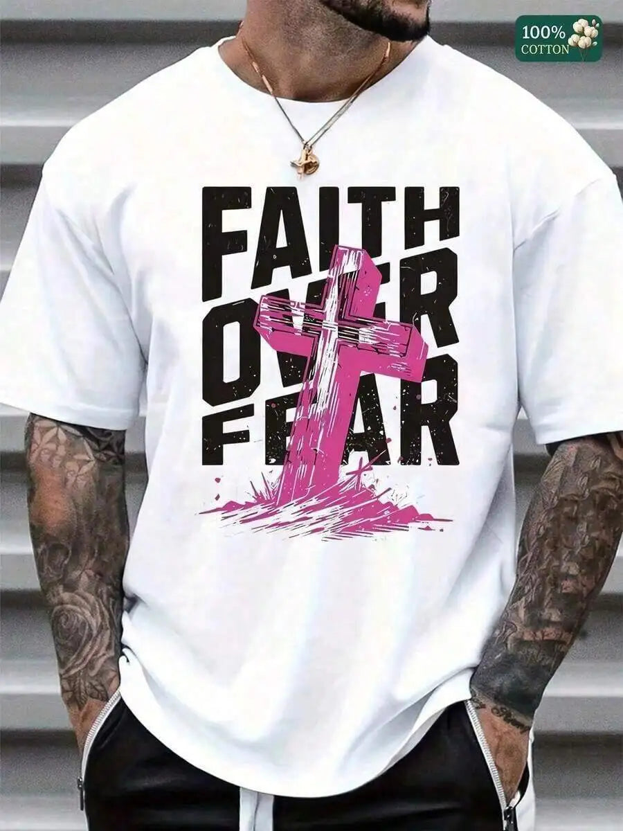 Cotton Unisex Round Neck Short - Sleeve 'Faith Over Fear' Graphic T - ShirtSoft Fabric ,Graphic Tees