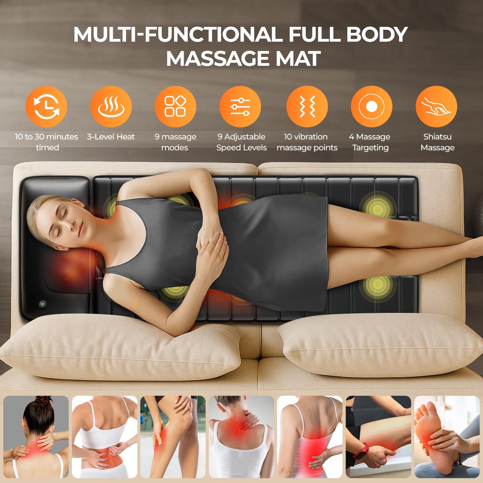 Shiatsu Full Body Massage Mat with Heat, Detachable Massager Pad, 10 Vibrating Motors, 9 Intensity Levels